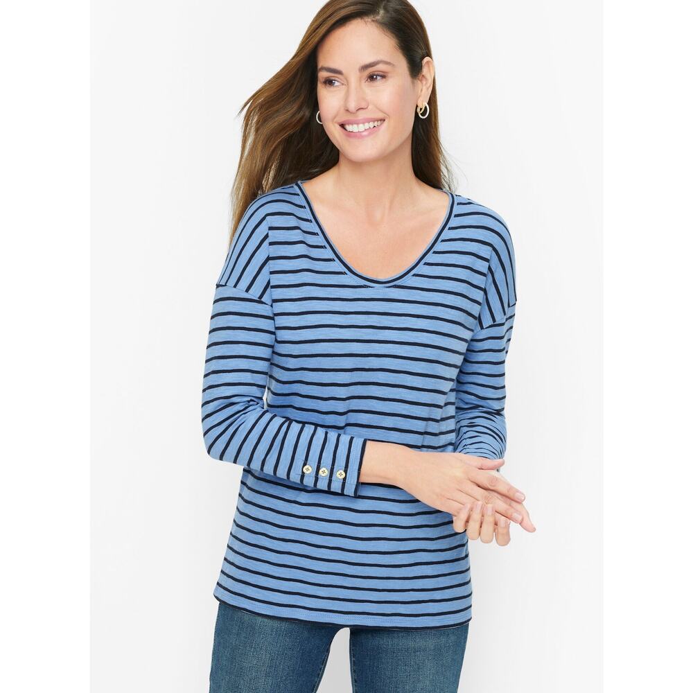 Talbots Womens L Driftwood Stripe Tee Blue Black Coastal Summer Blouse Top